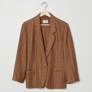 Vtg 70s Tan Houndstooth Wool Blazer M